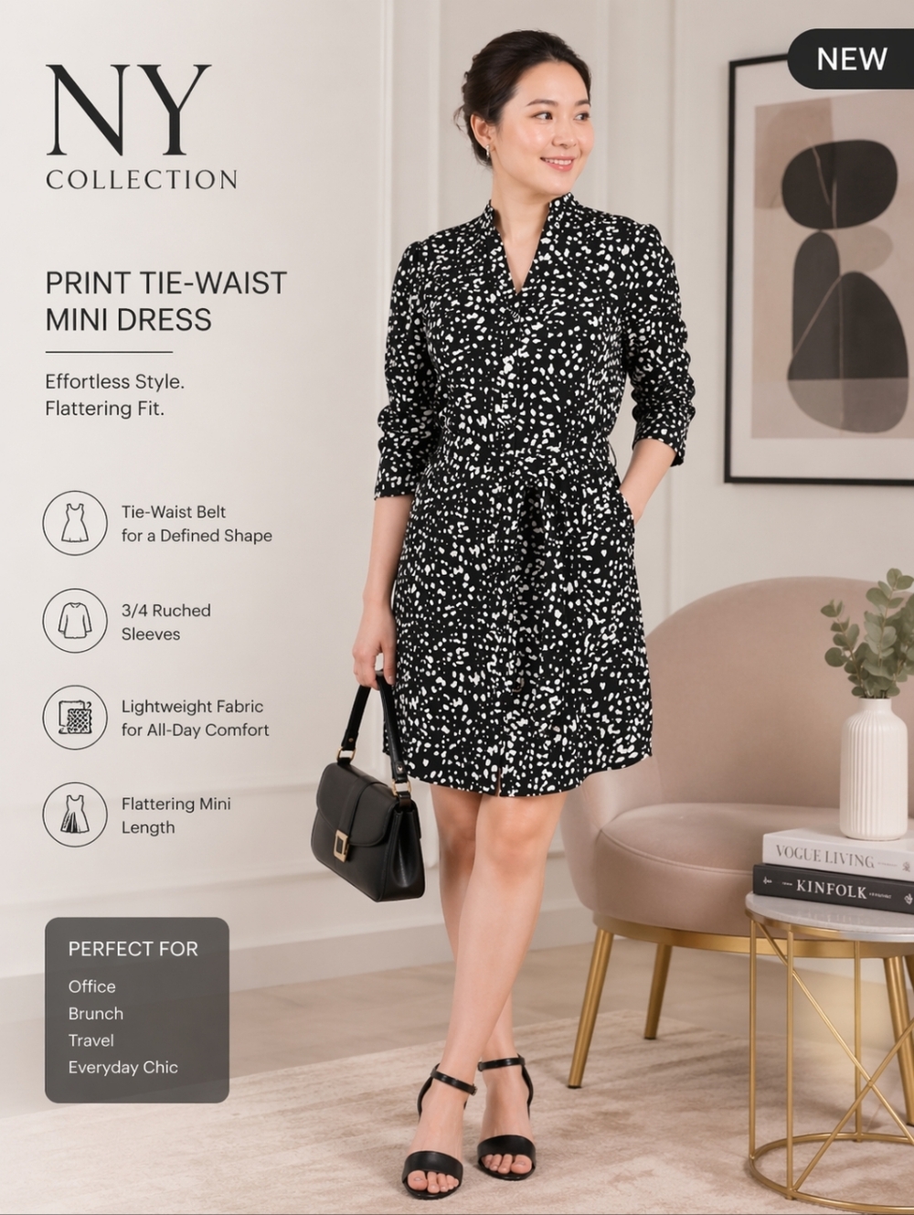 NY Collection Print Tie-Waist Mini Dress Petite 3/4 Rouched Sleeve Belt Size 12